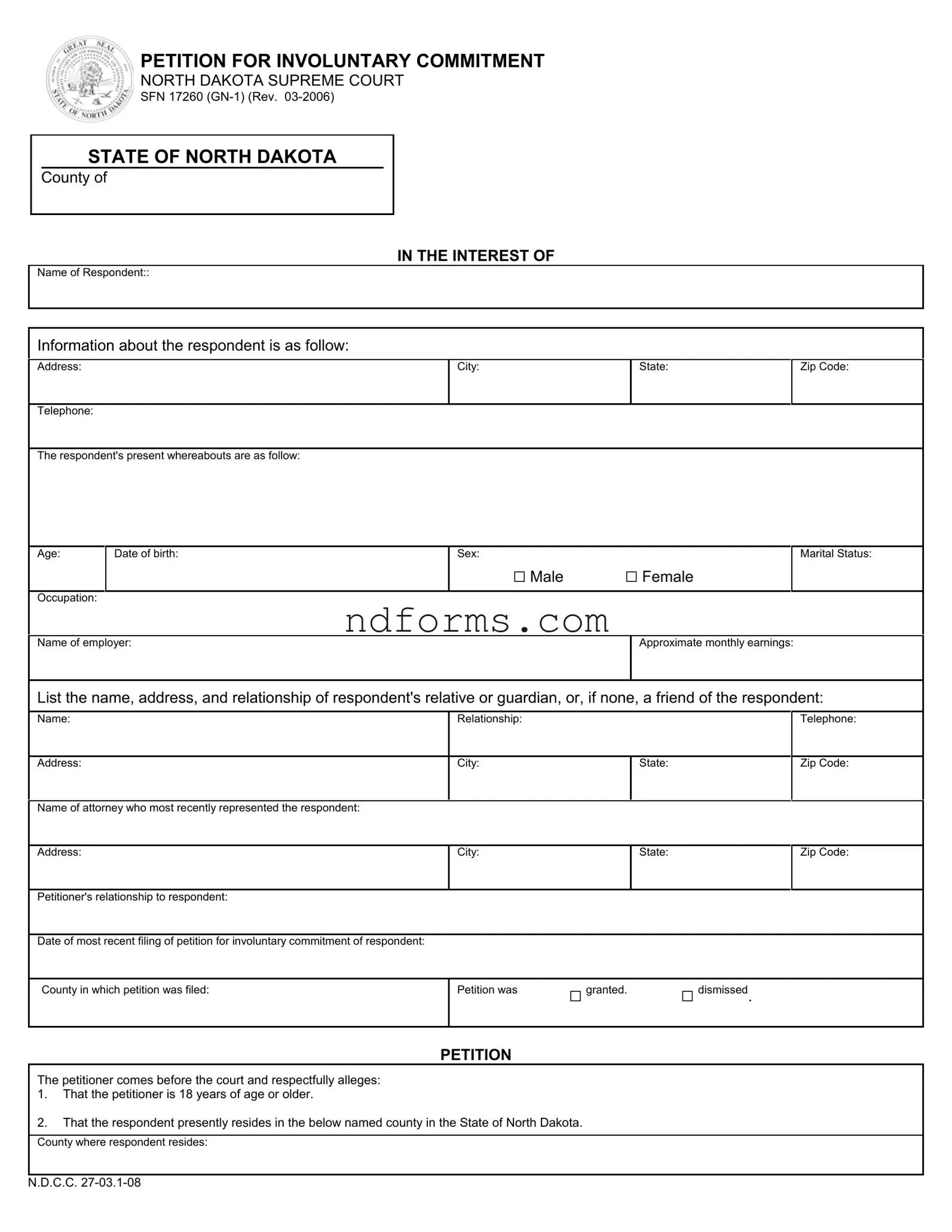 Printable Nd Petition For Involuntary Commitment Template