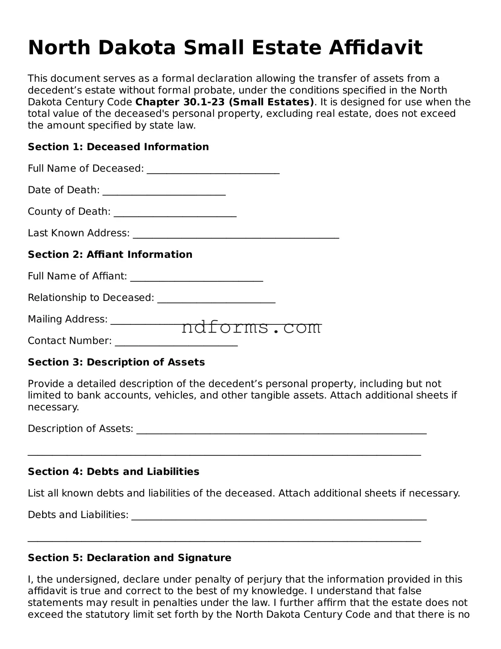 Fillable Small Estate Affidavit Template for North Dakota State