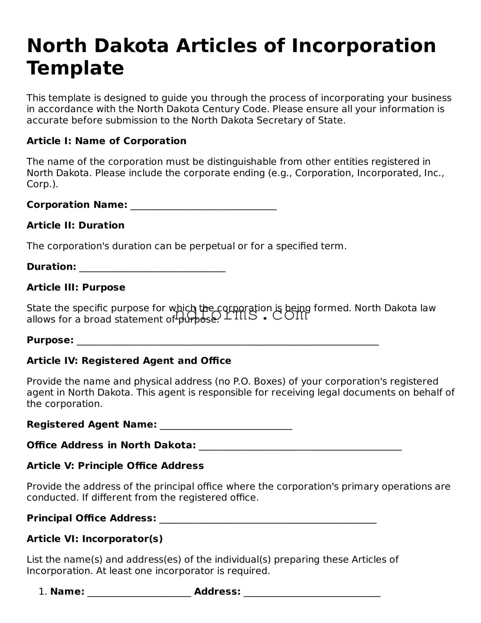 Fillable Articles of Incorporation Template for North Dakota State