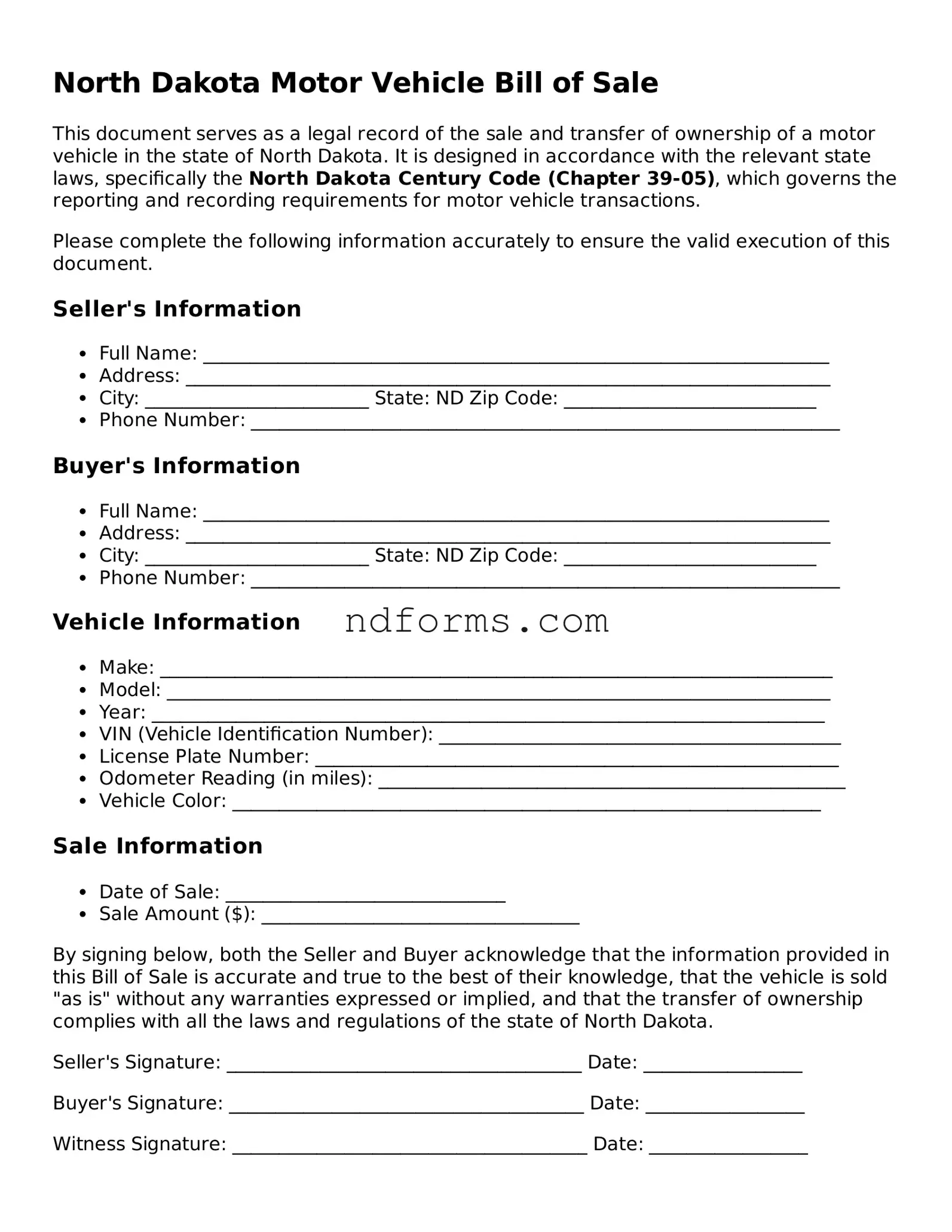 Fillable Motor Vehicle Bill of Sale Template for North Dakota State