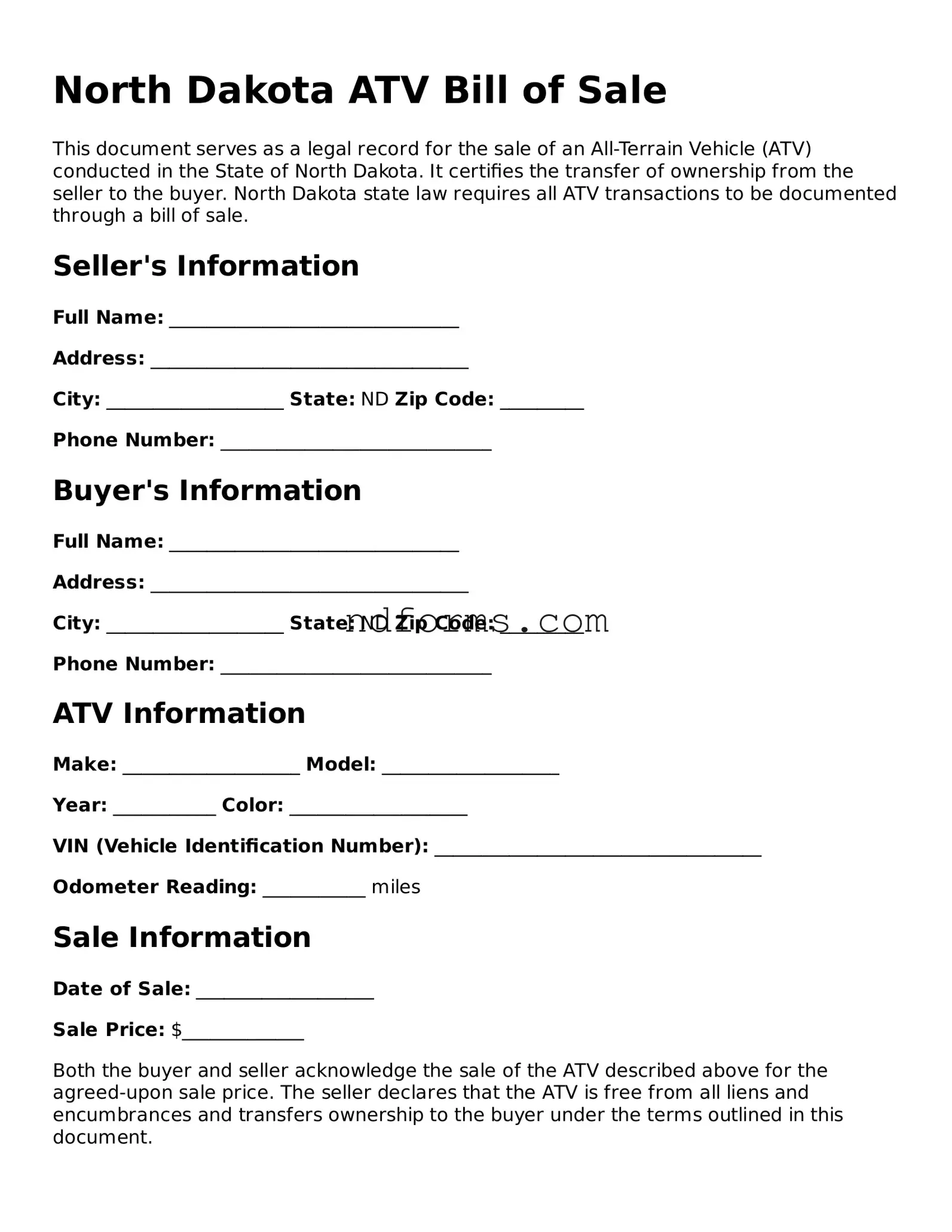 Fillable ATV Bill of Sale Template for North Dakota State