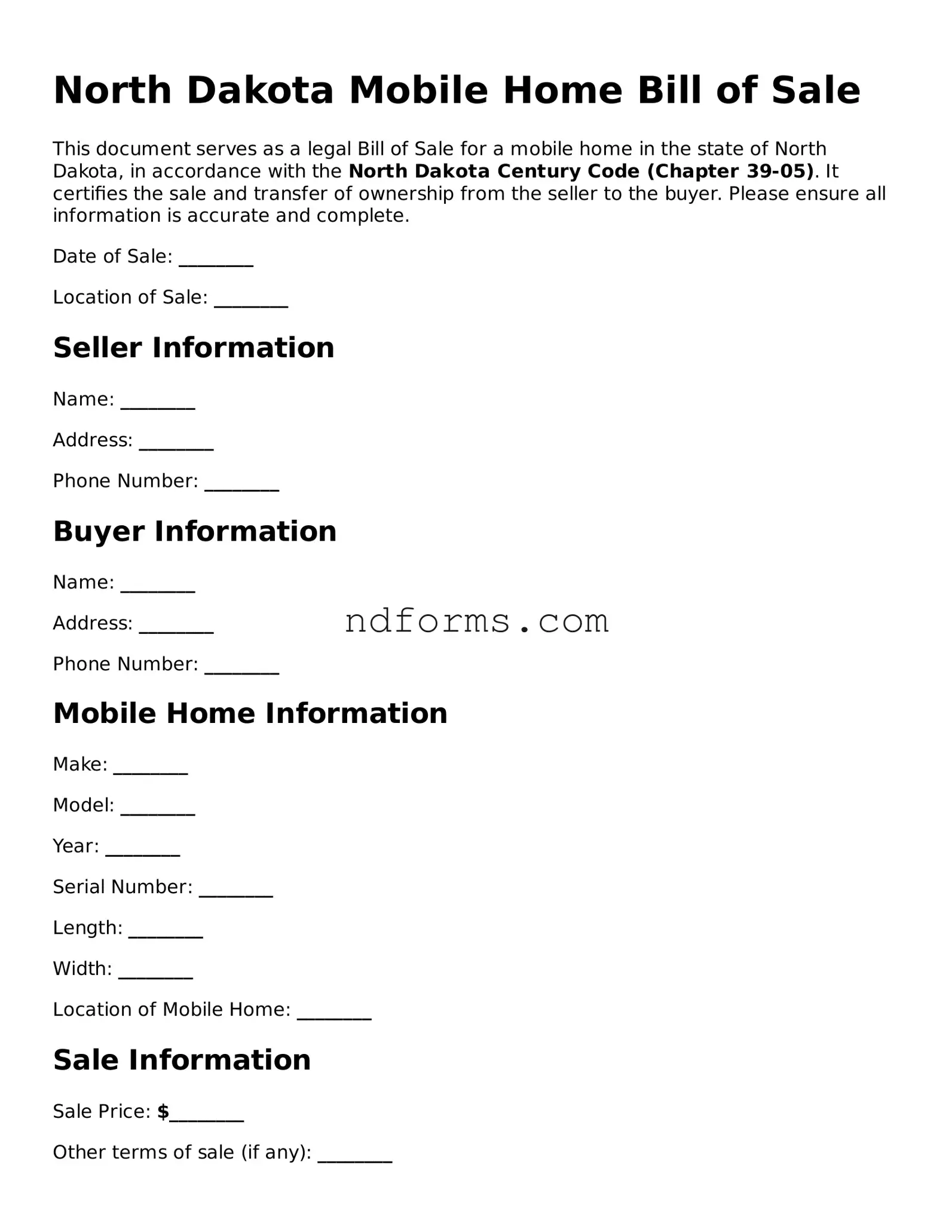 Fillable Mobile Home Bill of Sale Template for North Dakota State