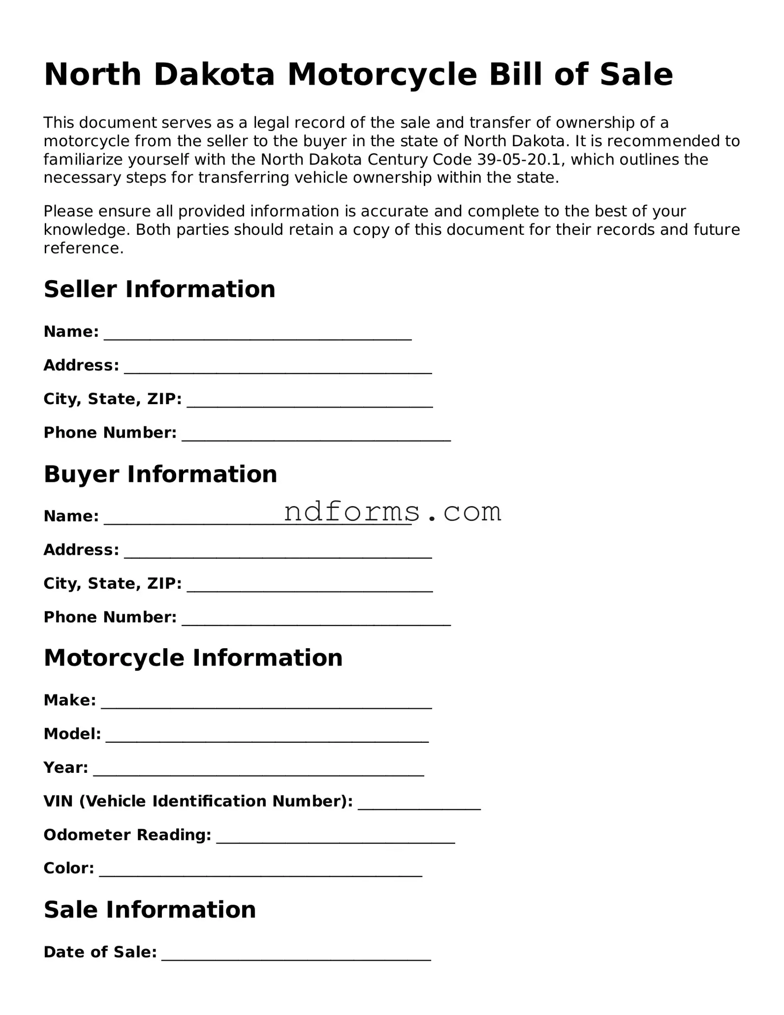 Fillable Motorcycle Bill of Sale Template for North Dakota State