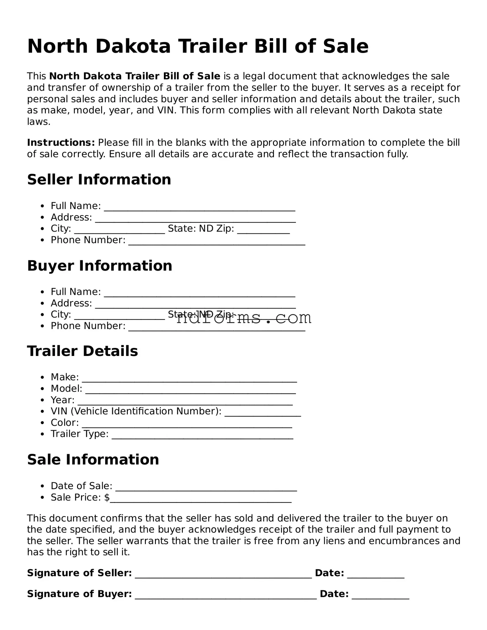 Fillable Trailer Bill of Sale Template for North Dakota State