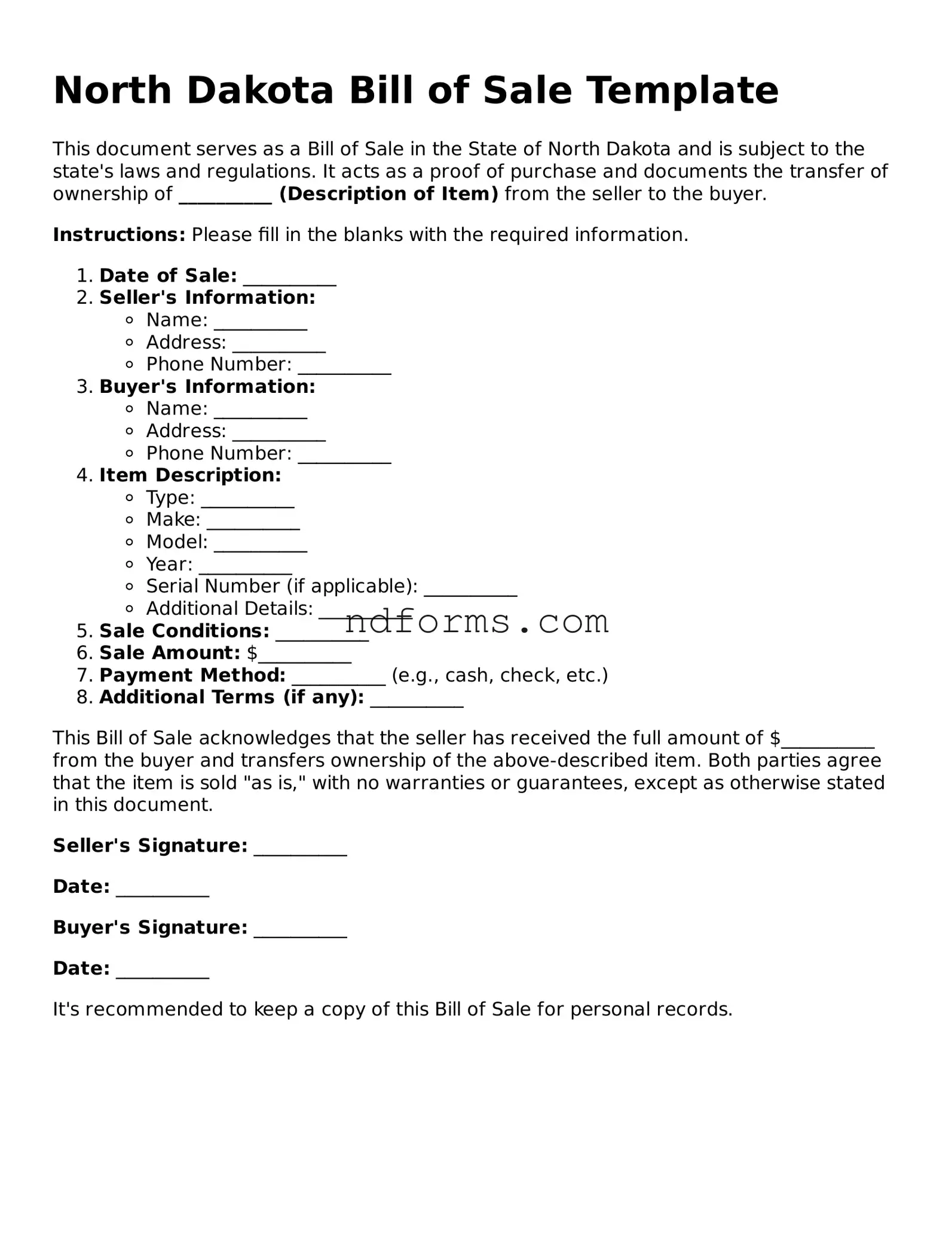 Fillable Bill of Sale Template for North Dakota State