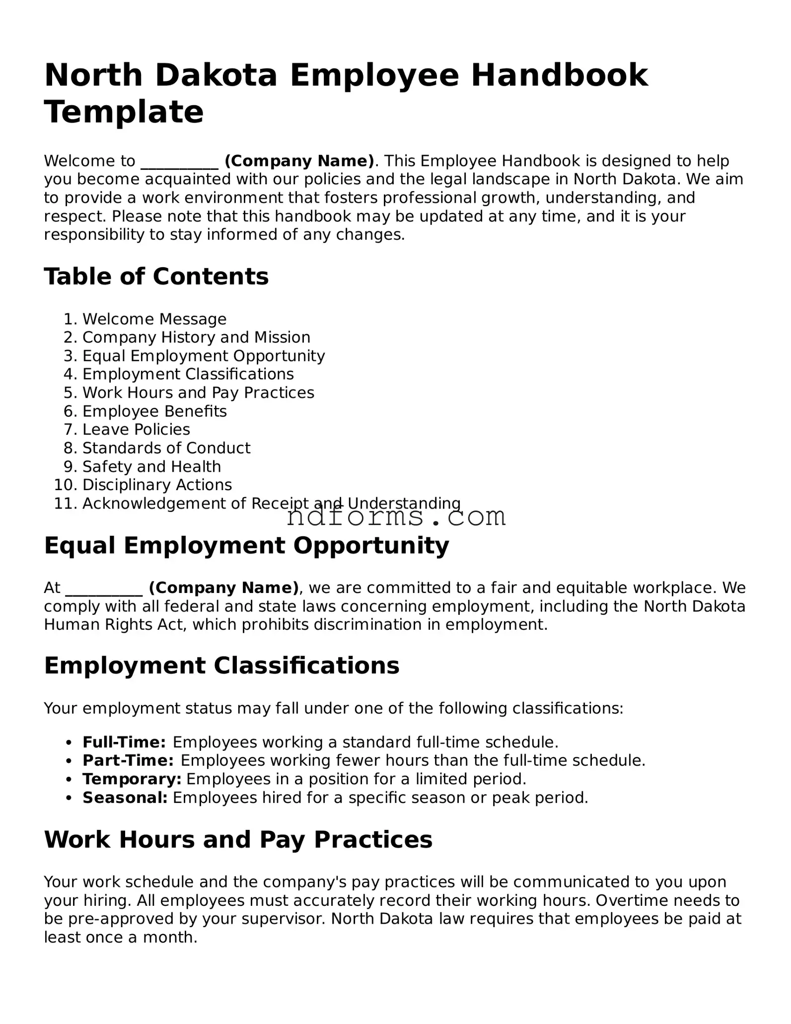 Fillable Employee Handbook Template for North Dakota State