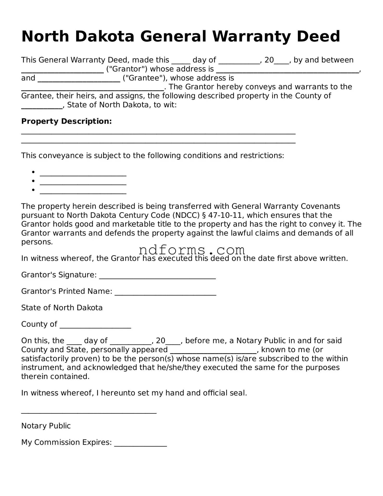 Fillable Deed Template for North Dakota State
