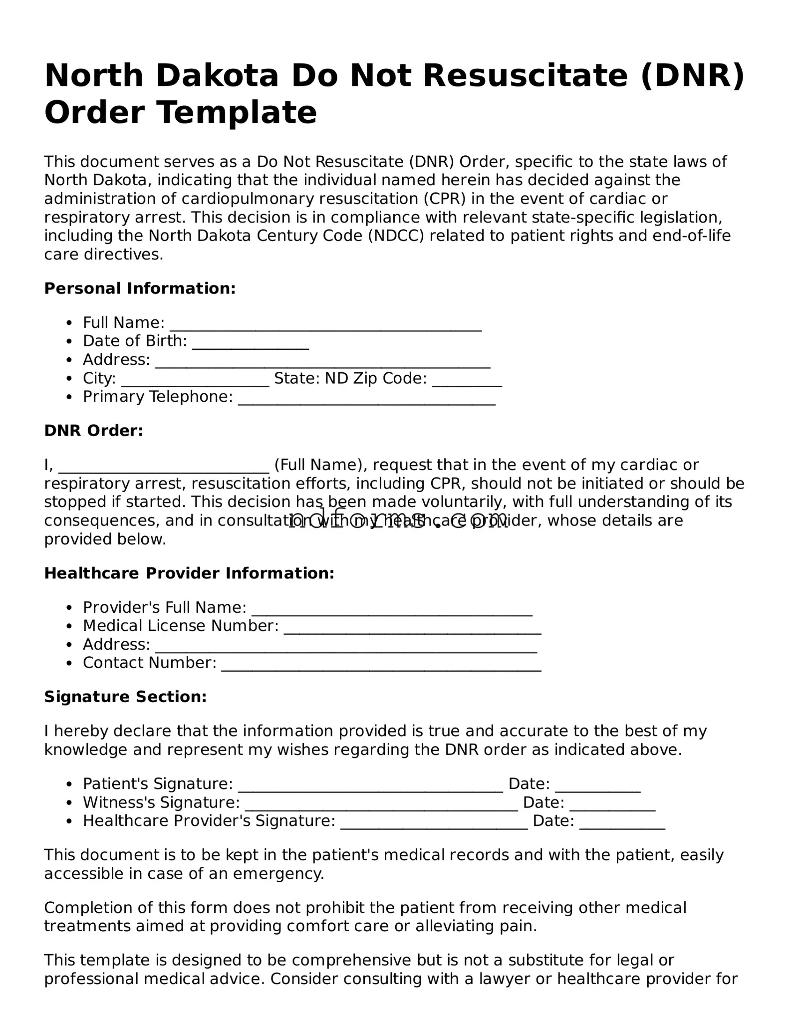 Fillable Do Not Resuscitate Order Template for North Dakota State