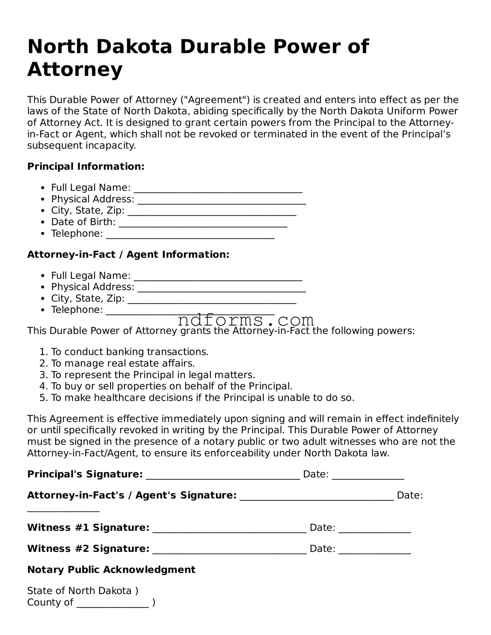 Fillable Durable Power of Attorney Template for North Dakota State