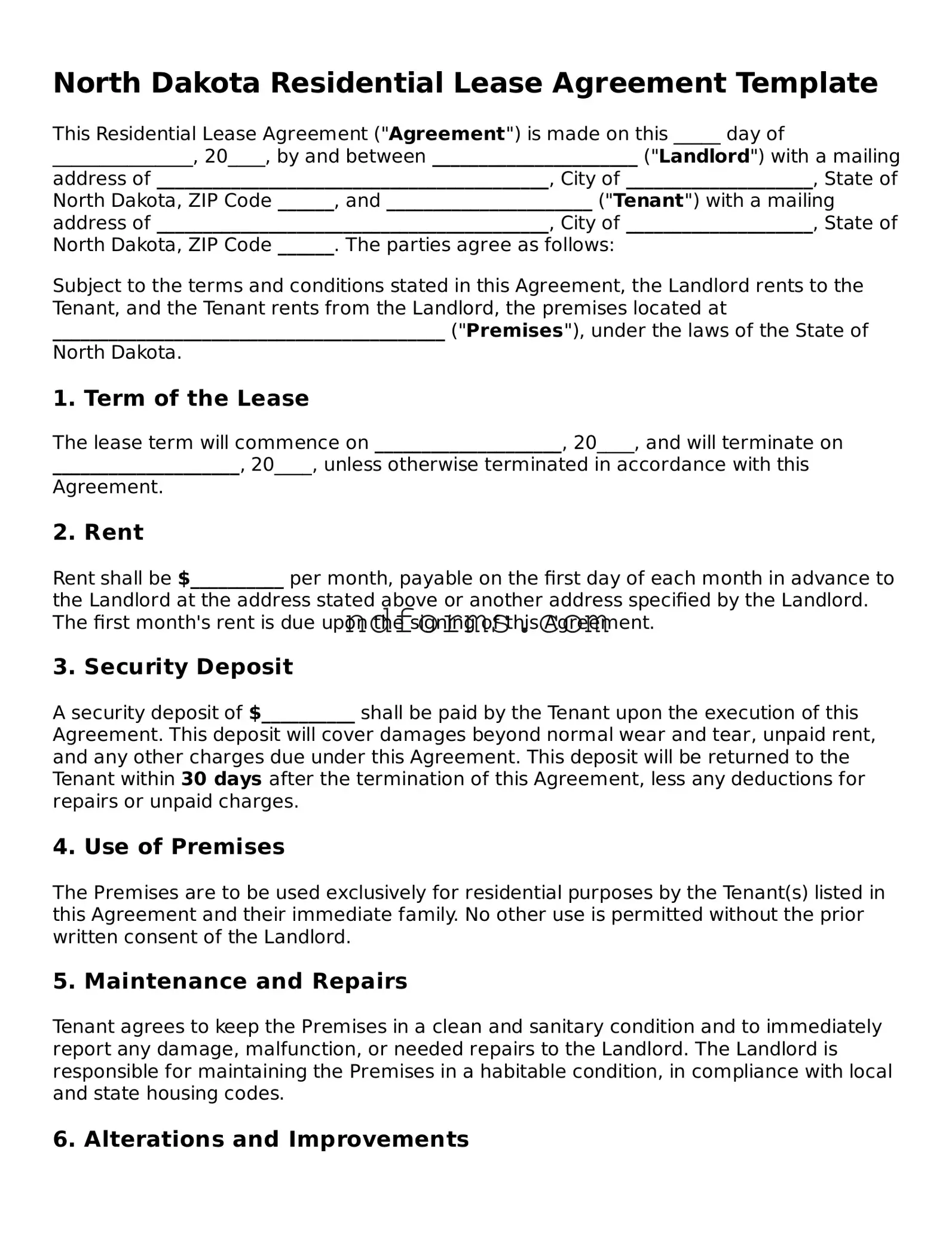 Fillable Residential Lease Agreement Template for North Dakota State