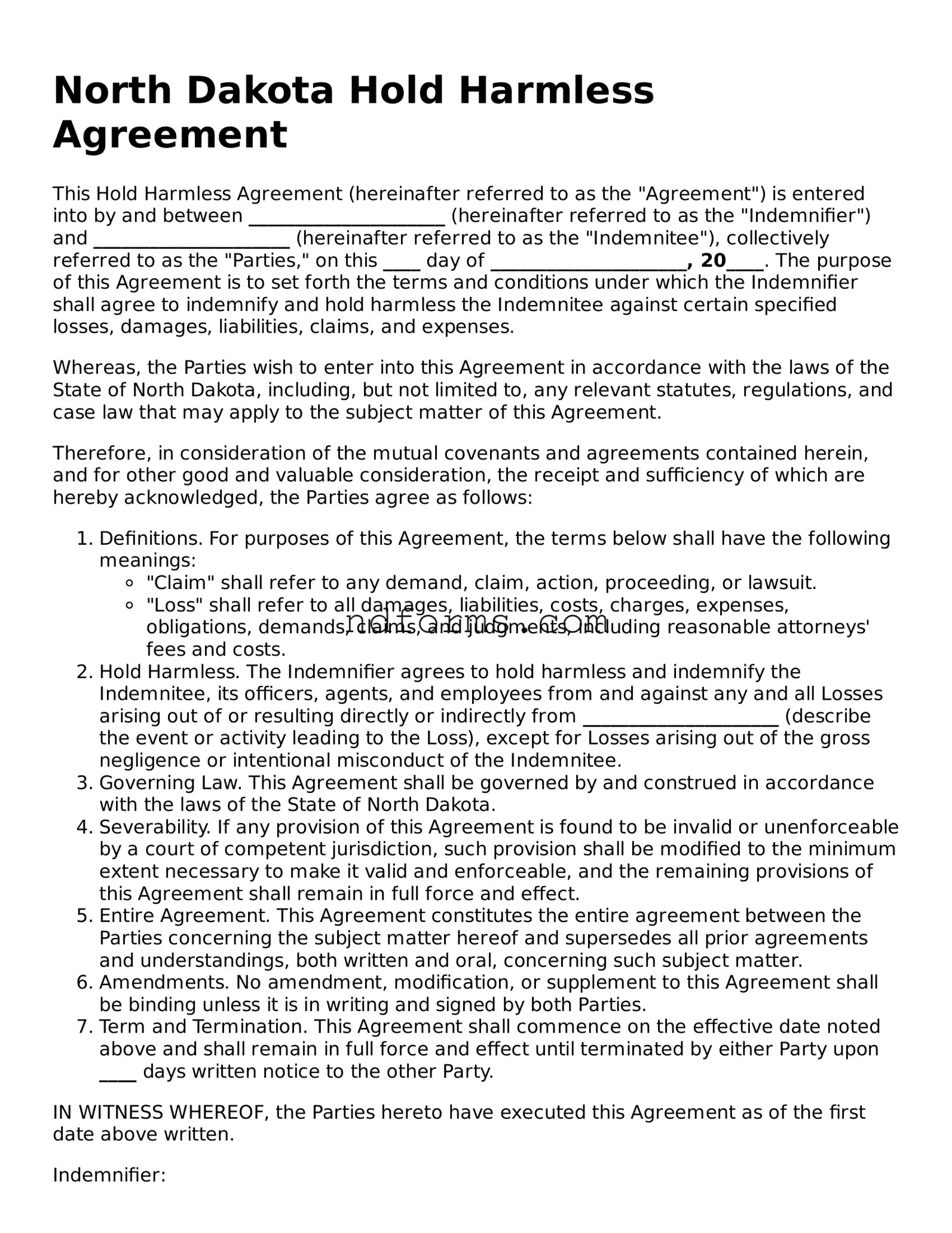 Fillable Hold Harmless Agreement Template for North Dakota State