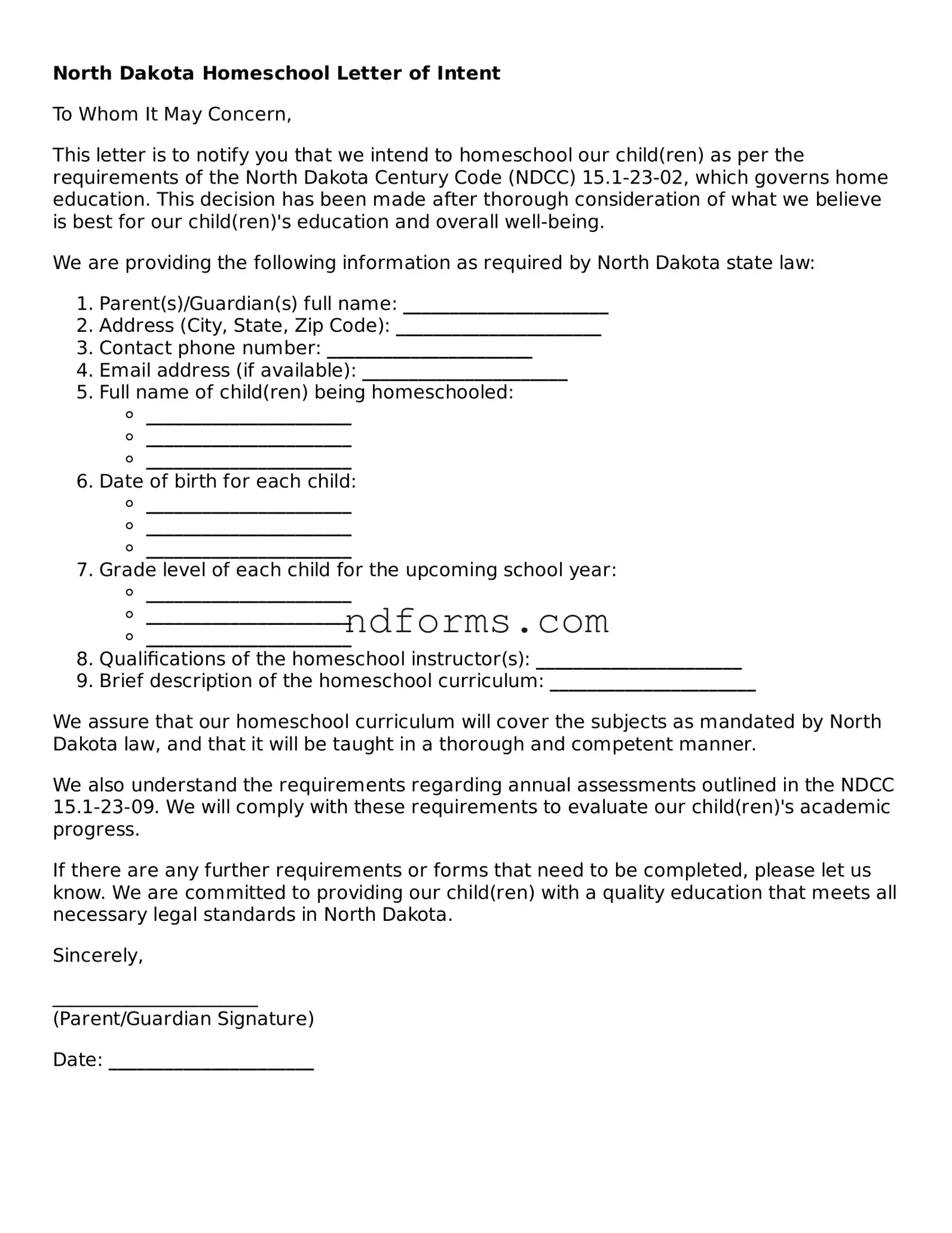 Fillable Homeschool Letter of Intent Template for North Dakota State