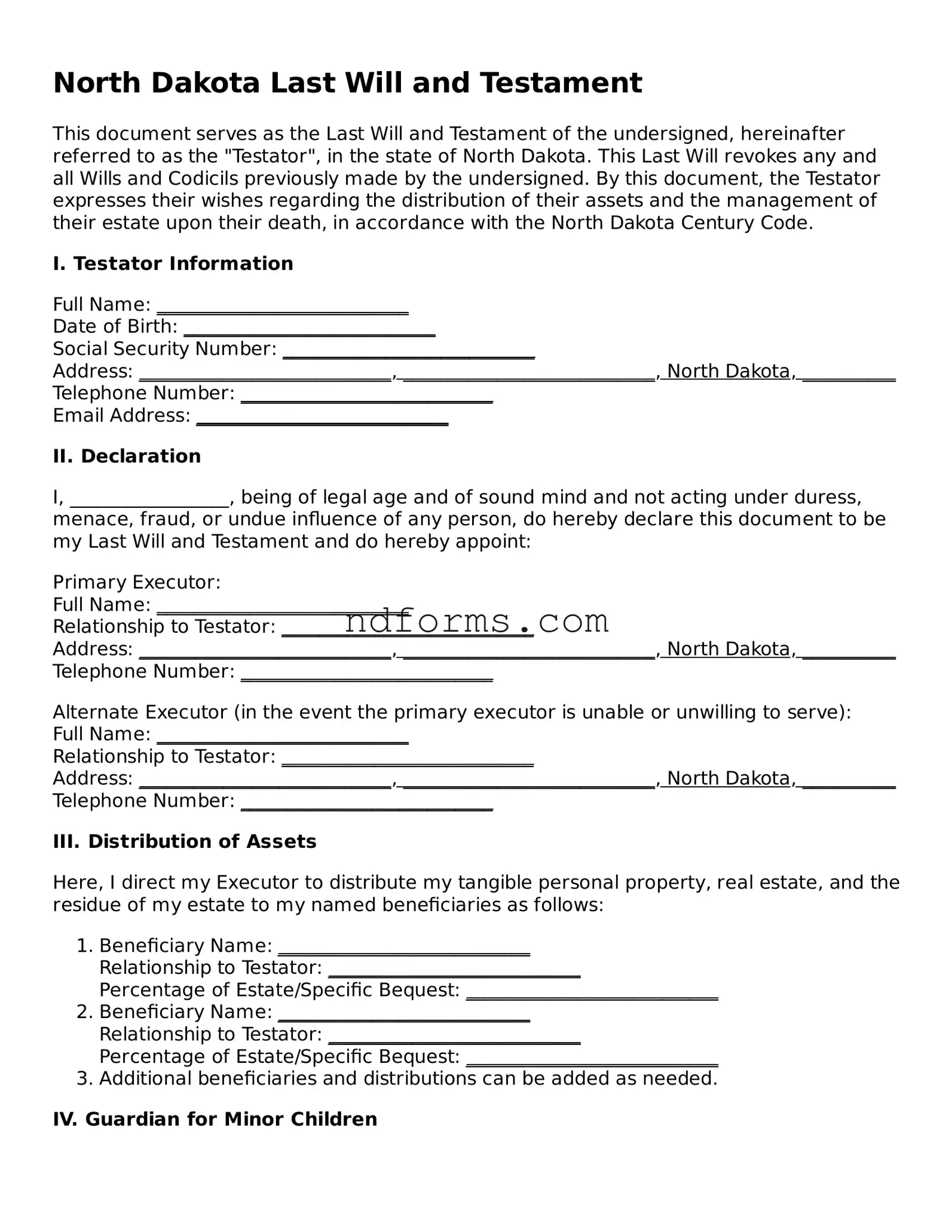 Fillable Last Will and Testament Template for North Dakota State