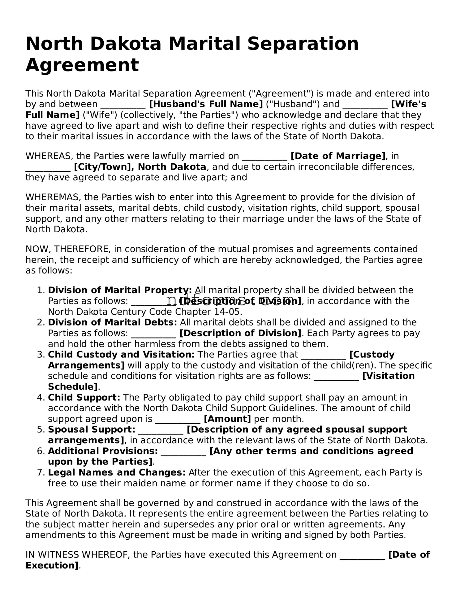 Fillable Marital Separation Agreement Template for North Dakota State
