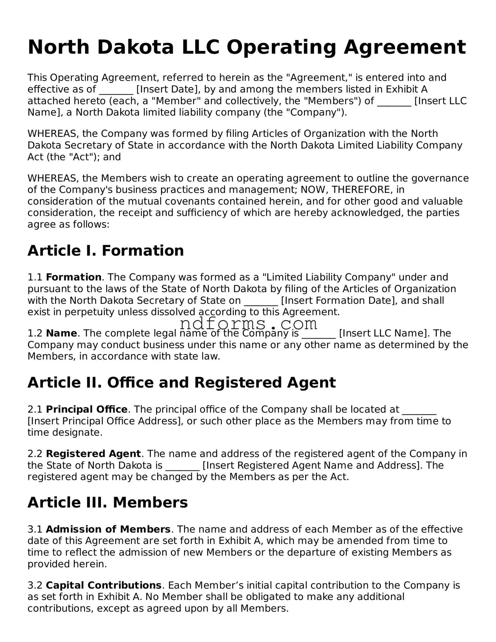 Fillable Operating Agreement Template for North Dakota State