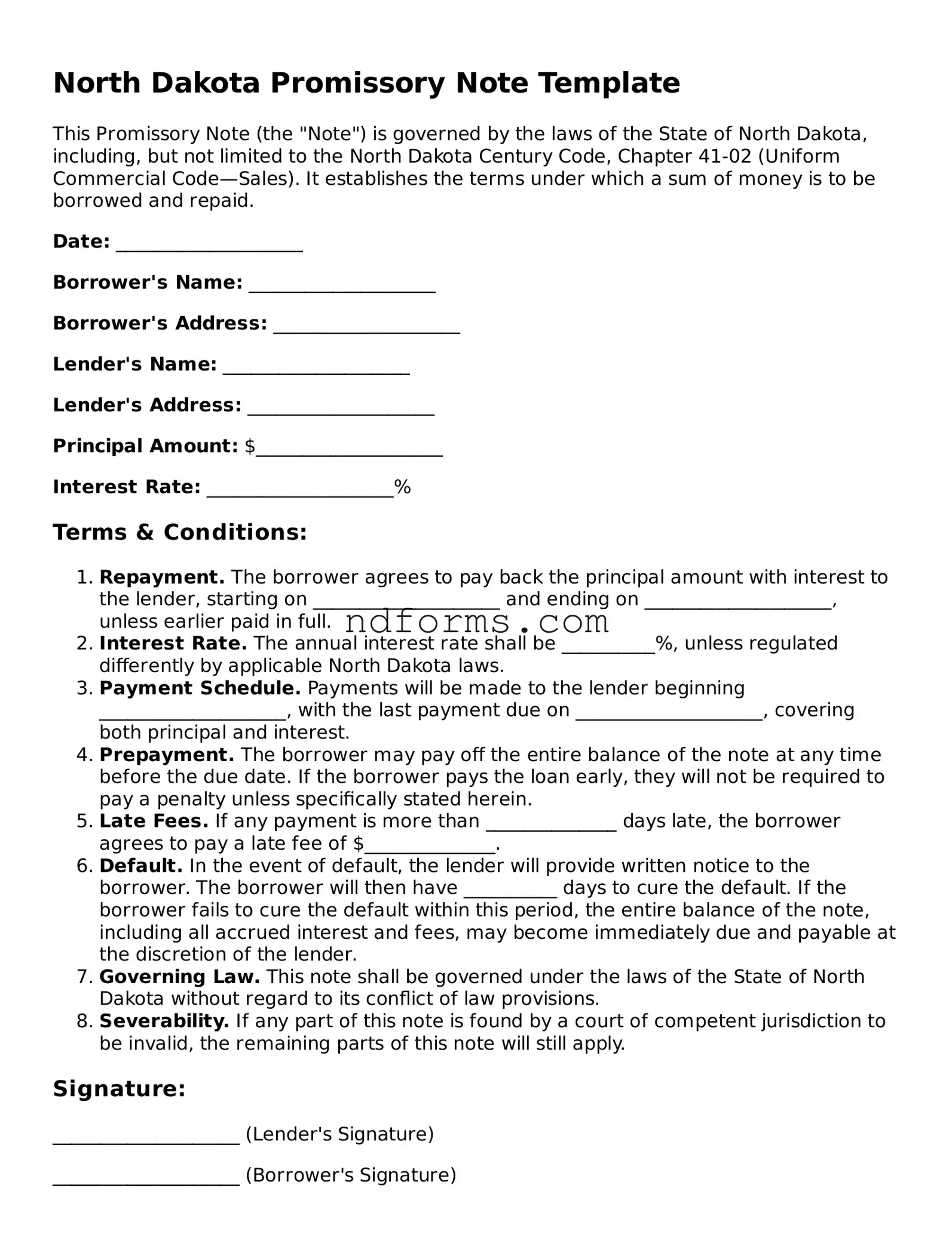 Fillable Promissory Note Template for North Dakota State