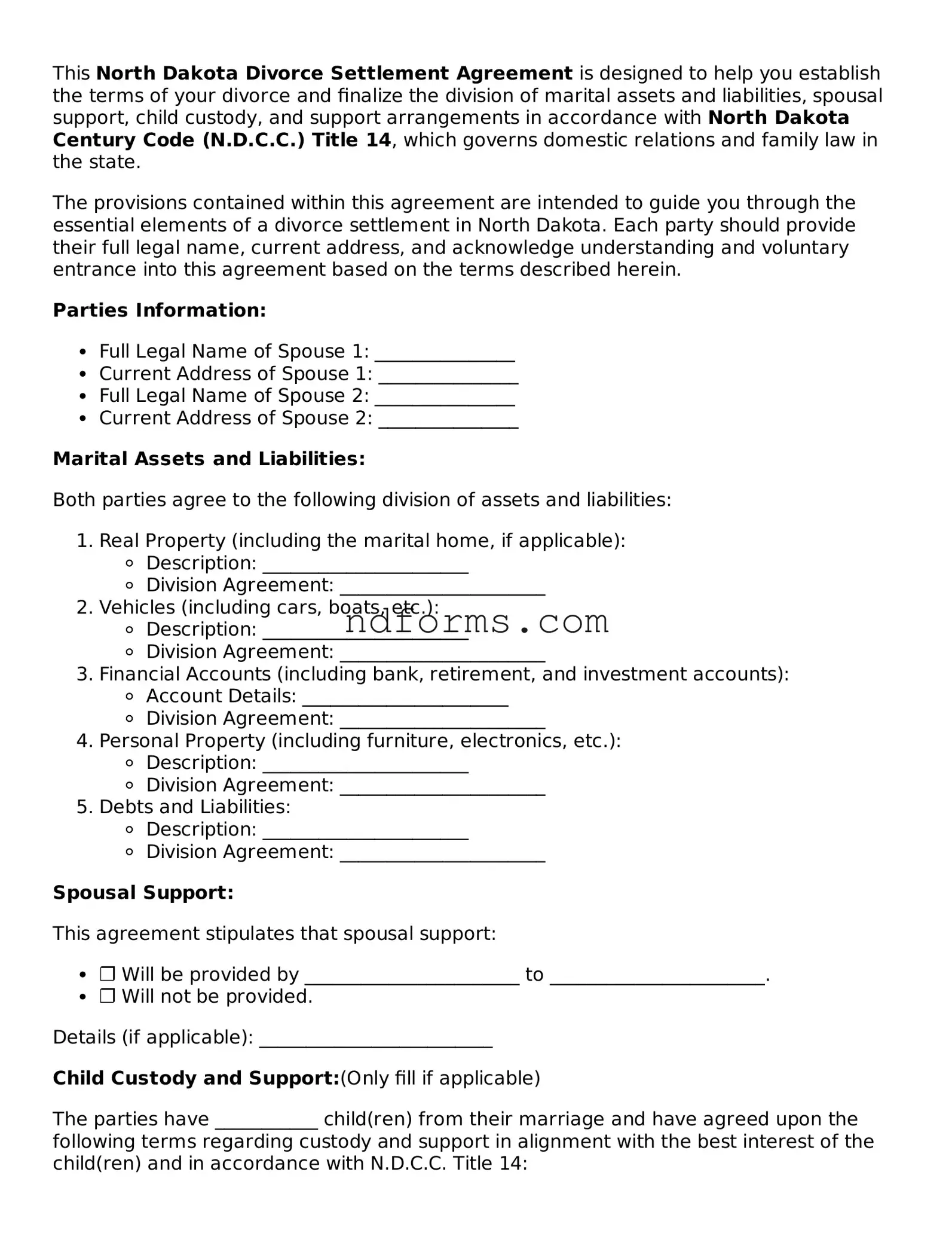 Fillable Divorce Settlement Agreement Template for North Dakota State