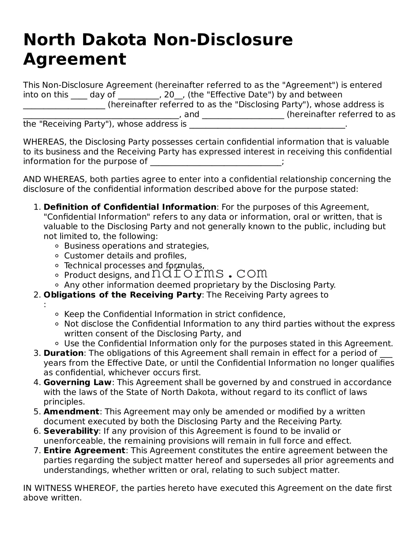 Fillable Non-disclosure Agreement Template for North Dakota State