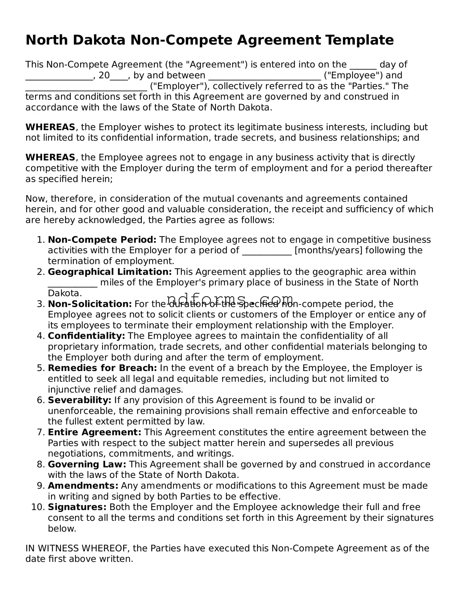 Fillable Non-compete Agreement Template for North Dakota State