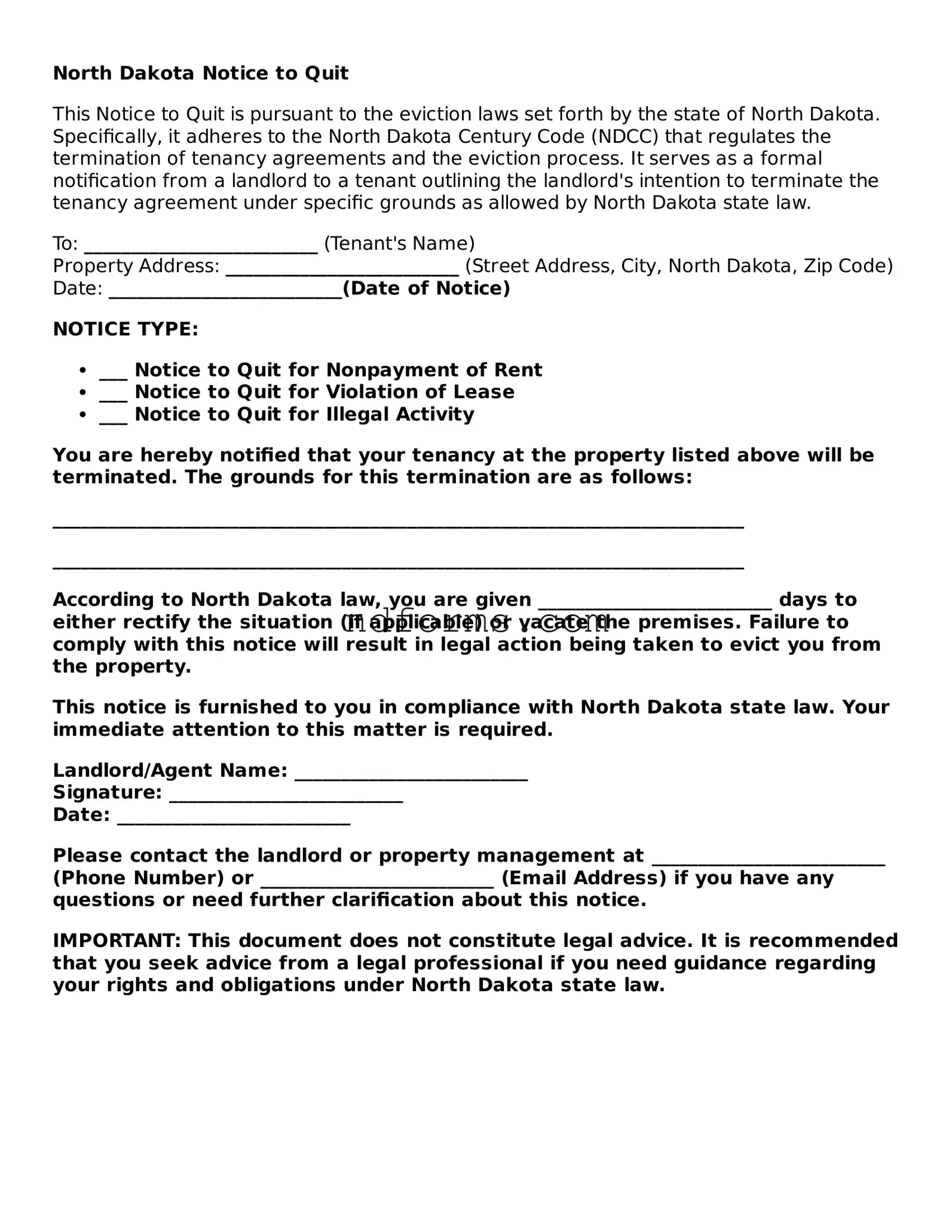 Fillable Notice to Quit Template for North Dakota State