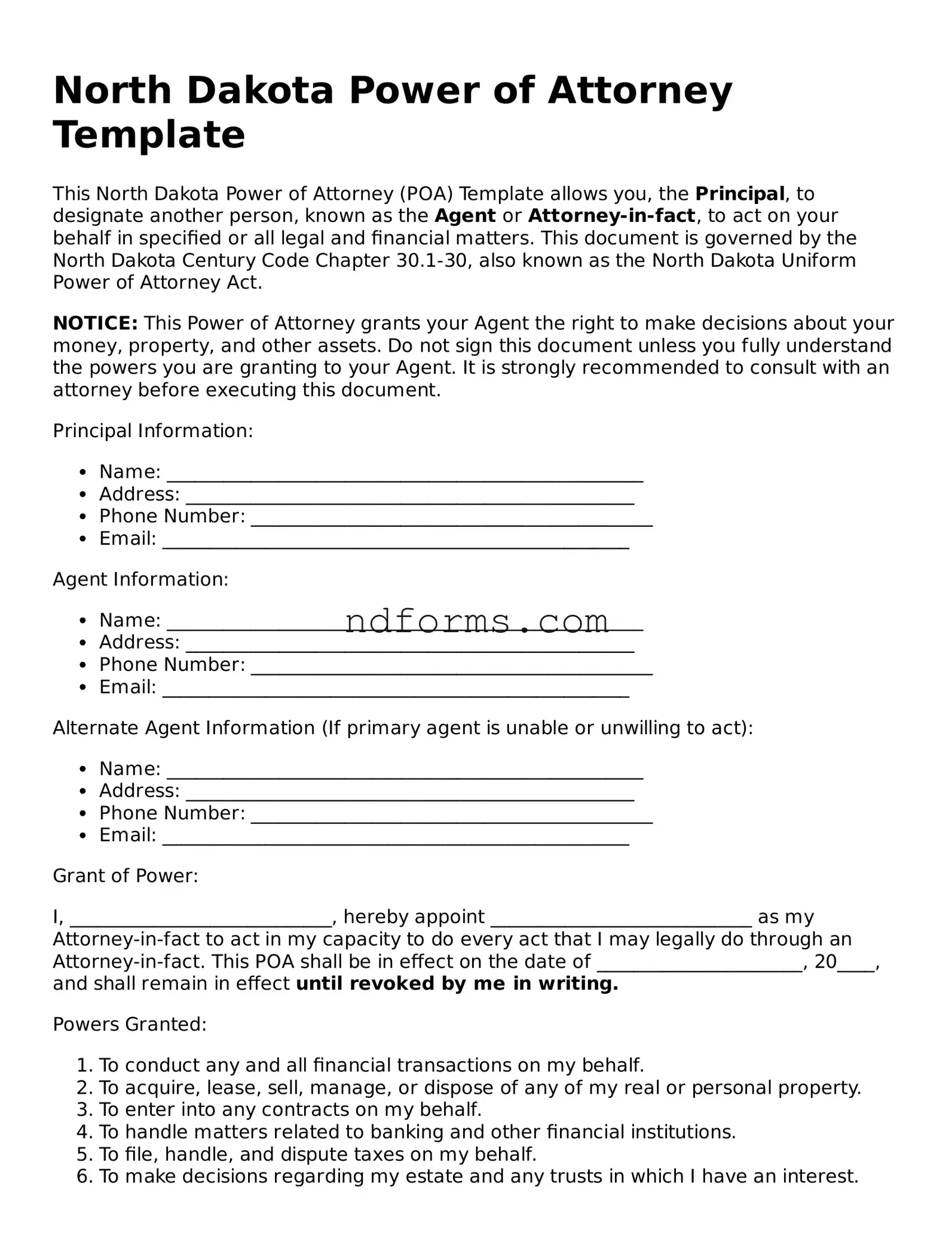 Fillable Power of Attorney Template for North Dakota State
