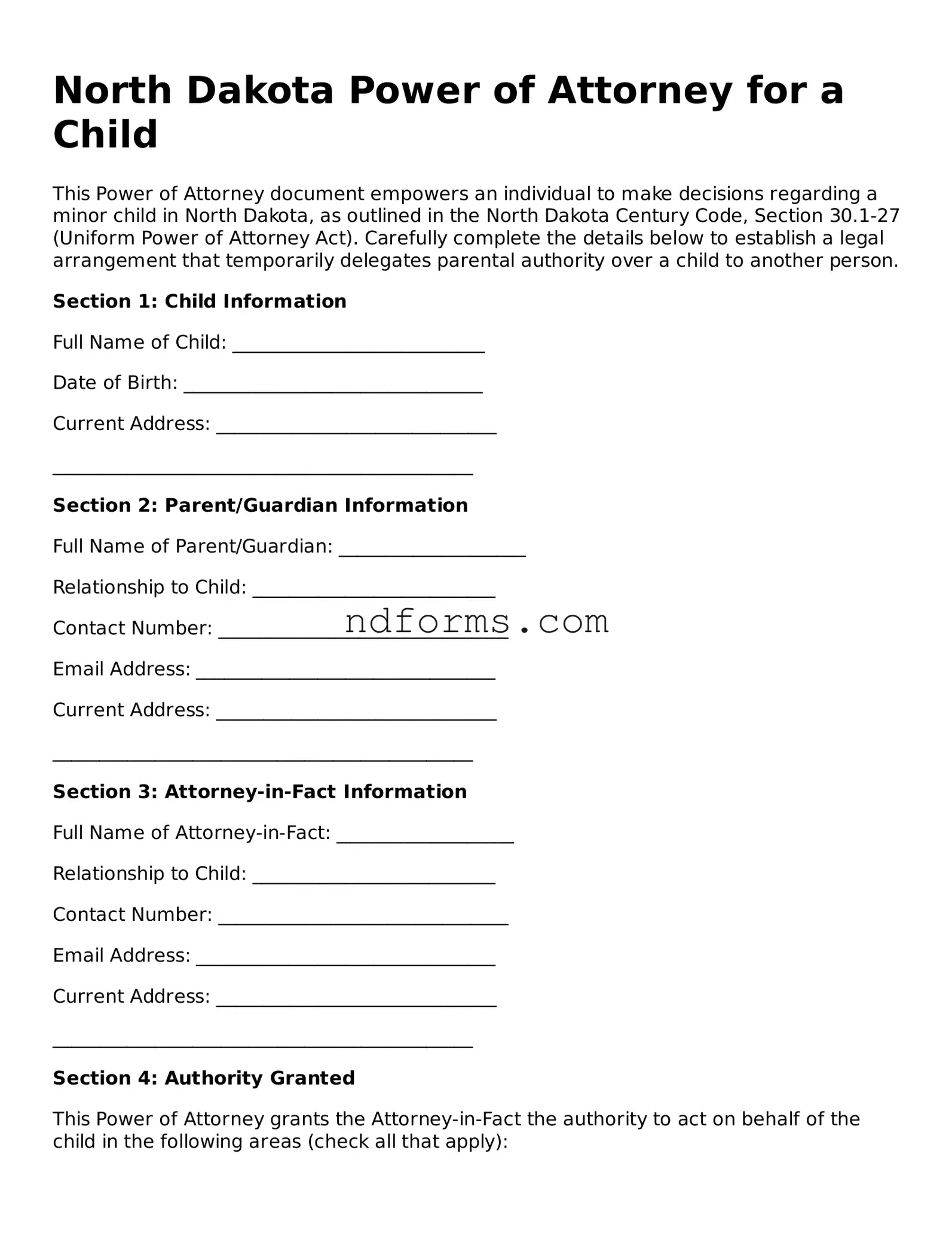 Fillable Power of Attorney for a Child Template for North Dakota State
