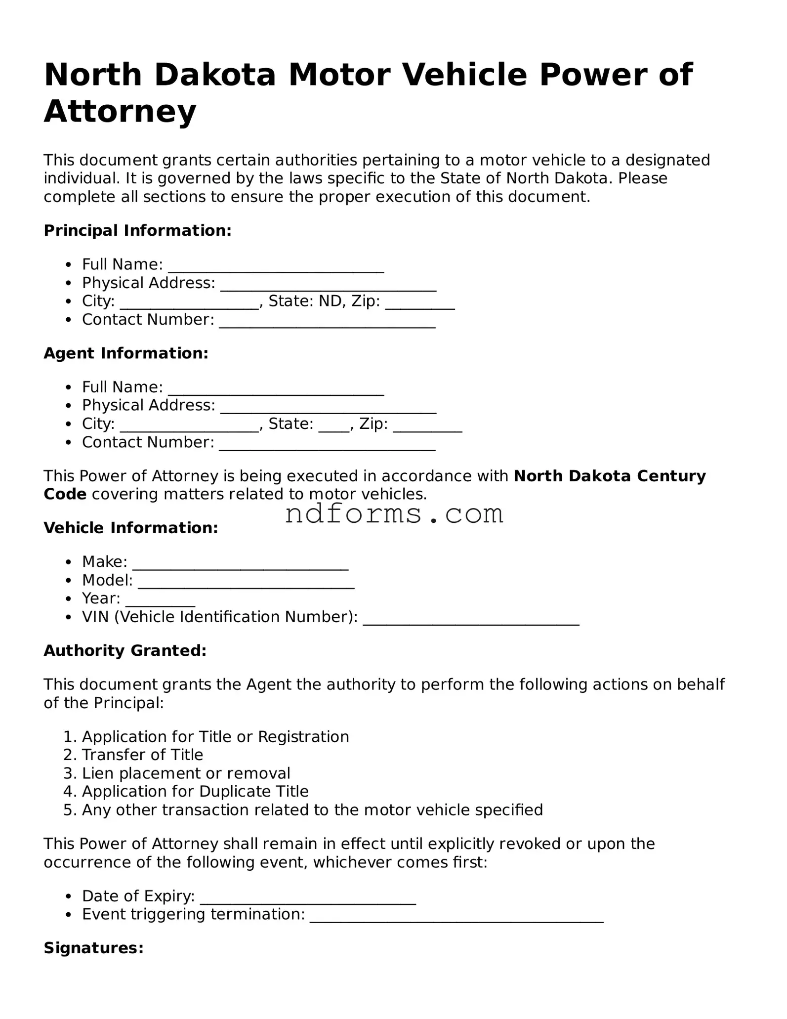 Fillable Motor Vehicle Power of Attorney Template for North Dakota State