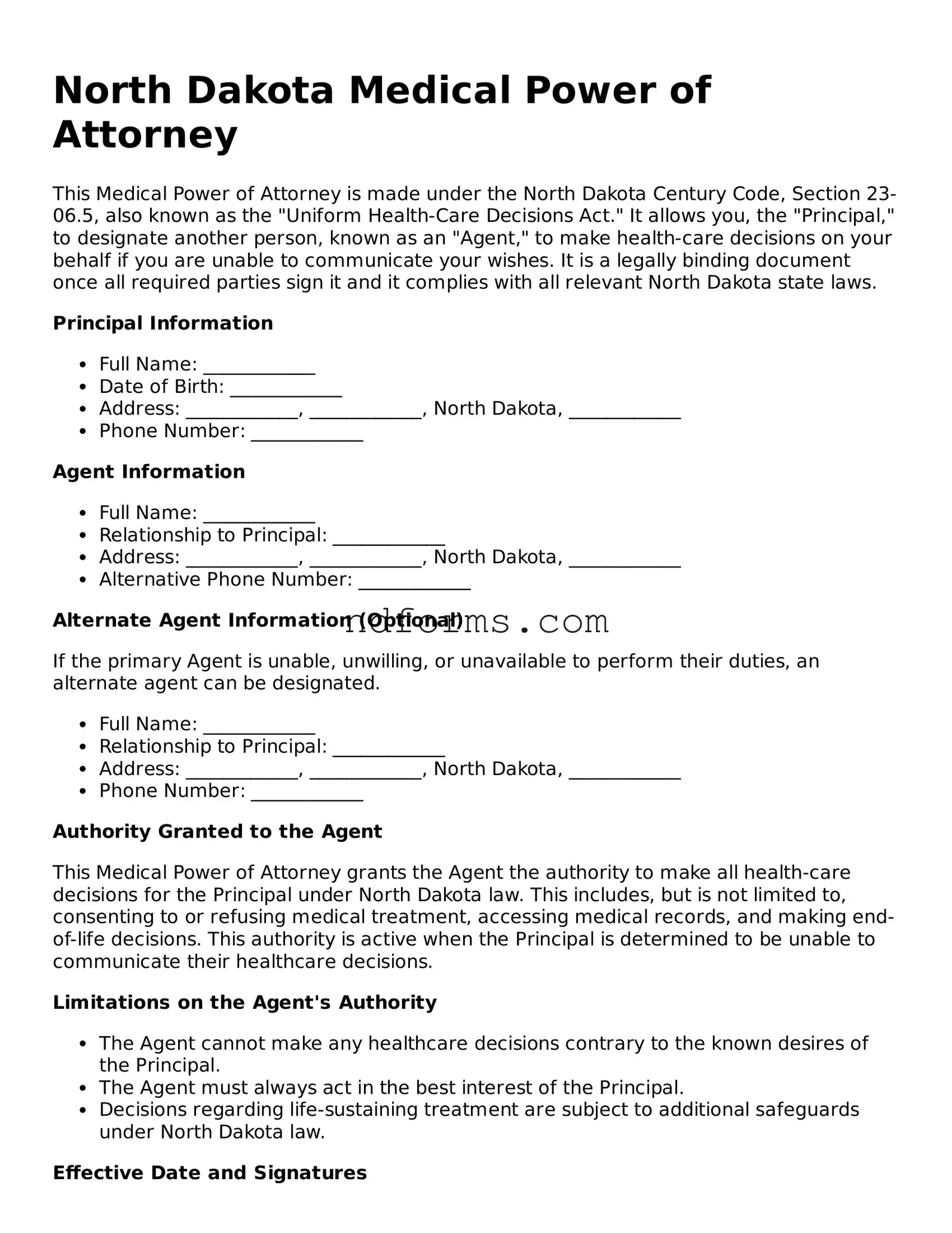 Fillable Medical Power of Attorney Template for North Dakota State