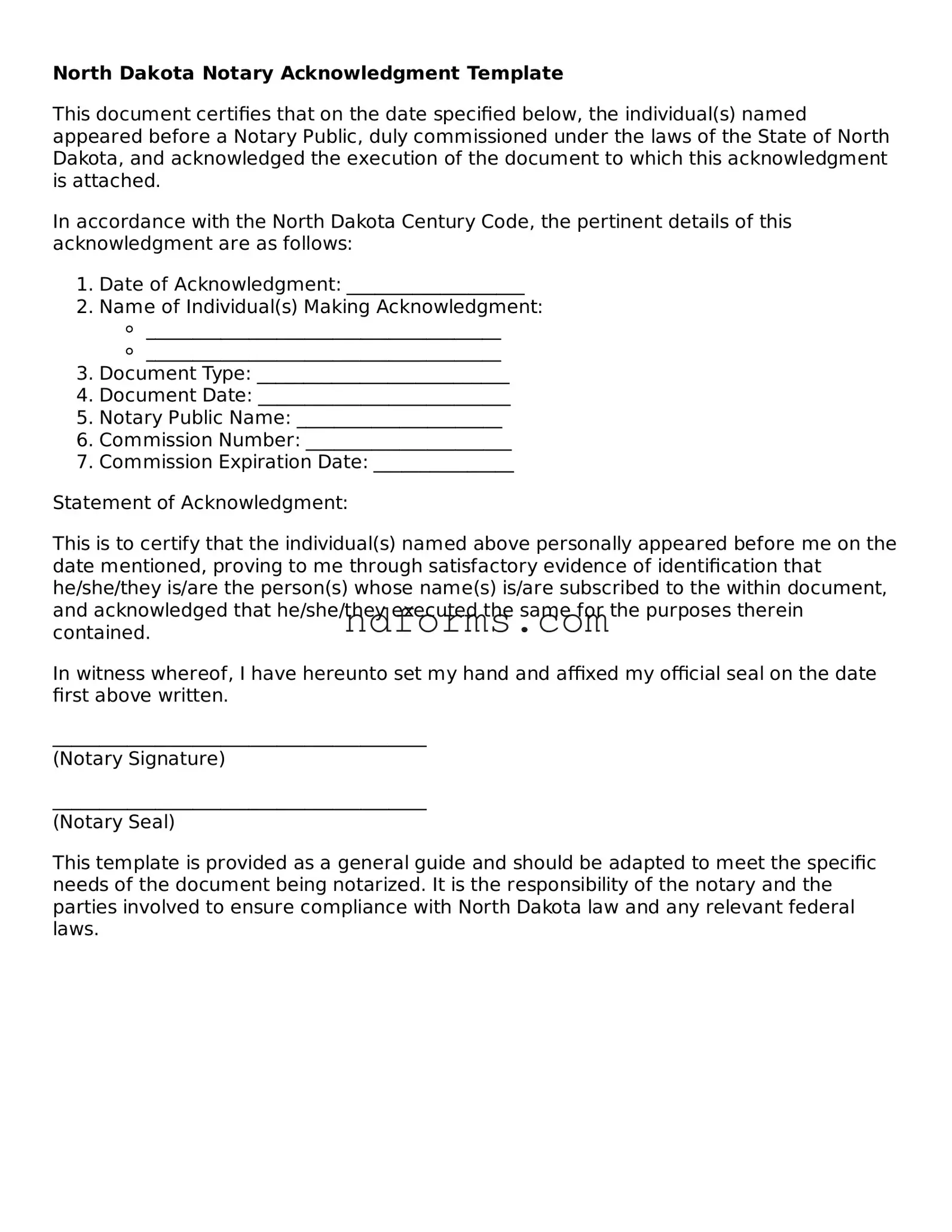 Fillable Notary Acknowledgement Template for North Dakota State