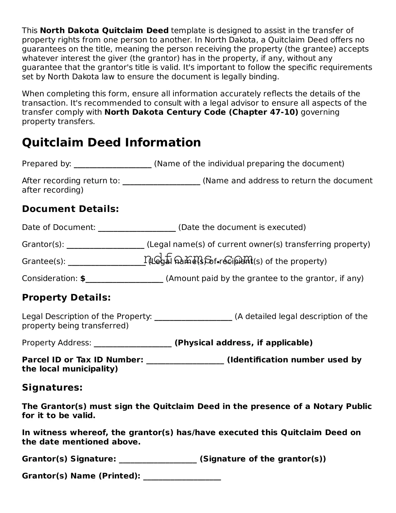 Fillable Quitclaim Deed Template for North Dakota State