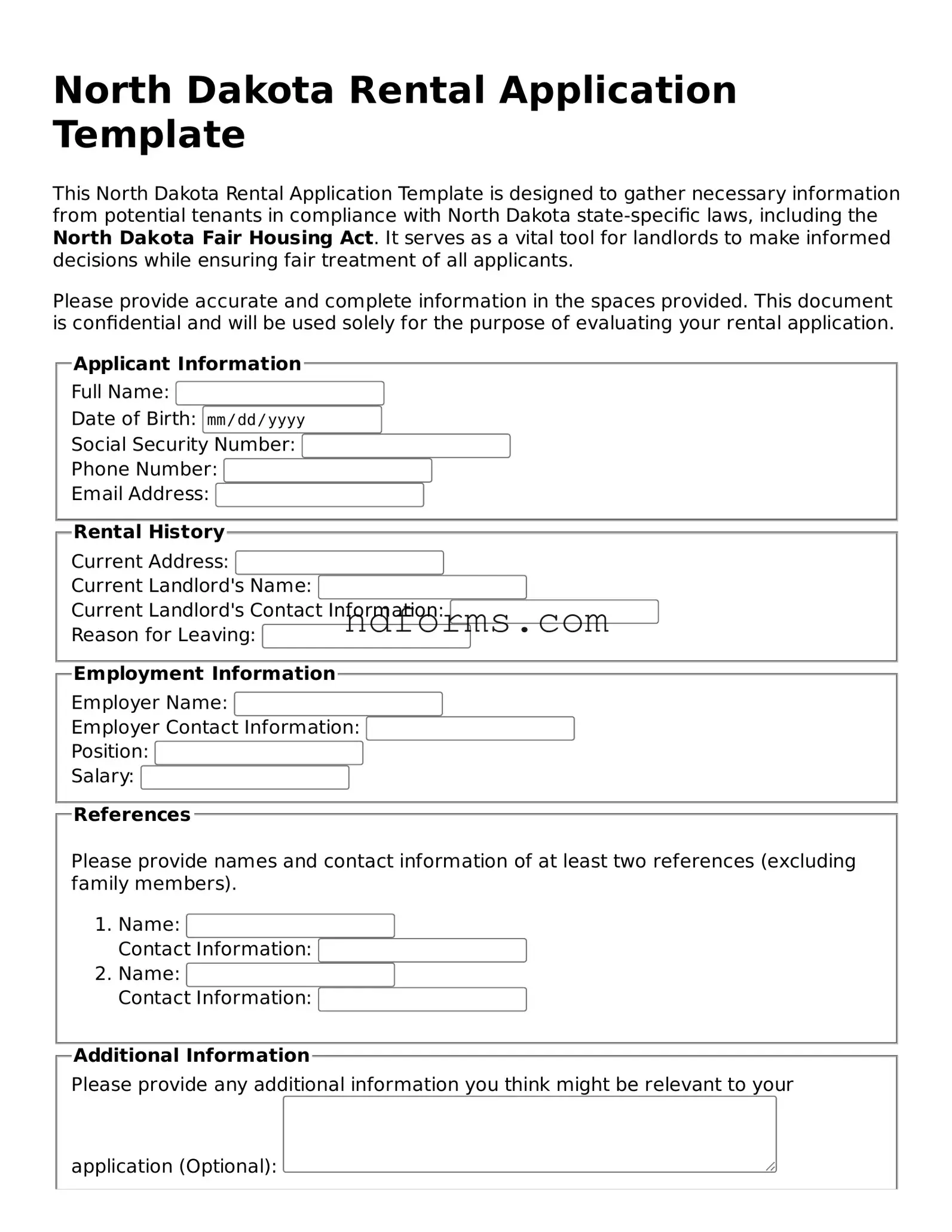 Fillable Rental Application Template for North Dakota State