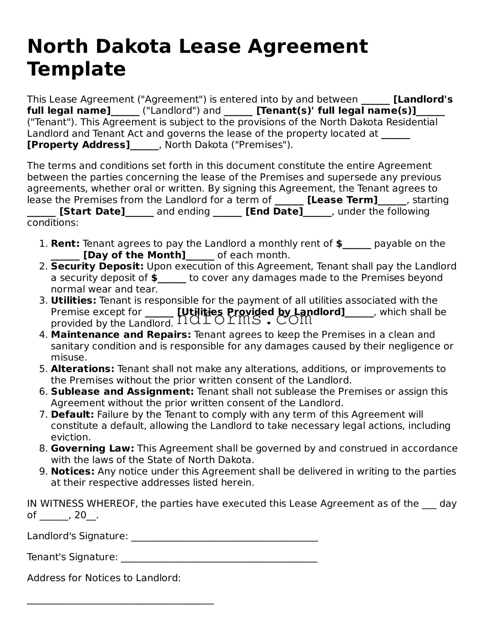 Fillable Lease Agreement Template for North Dakota State