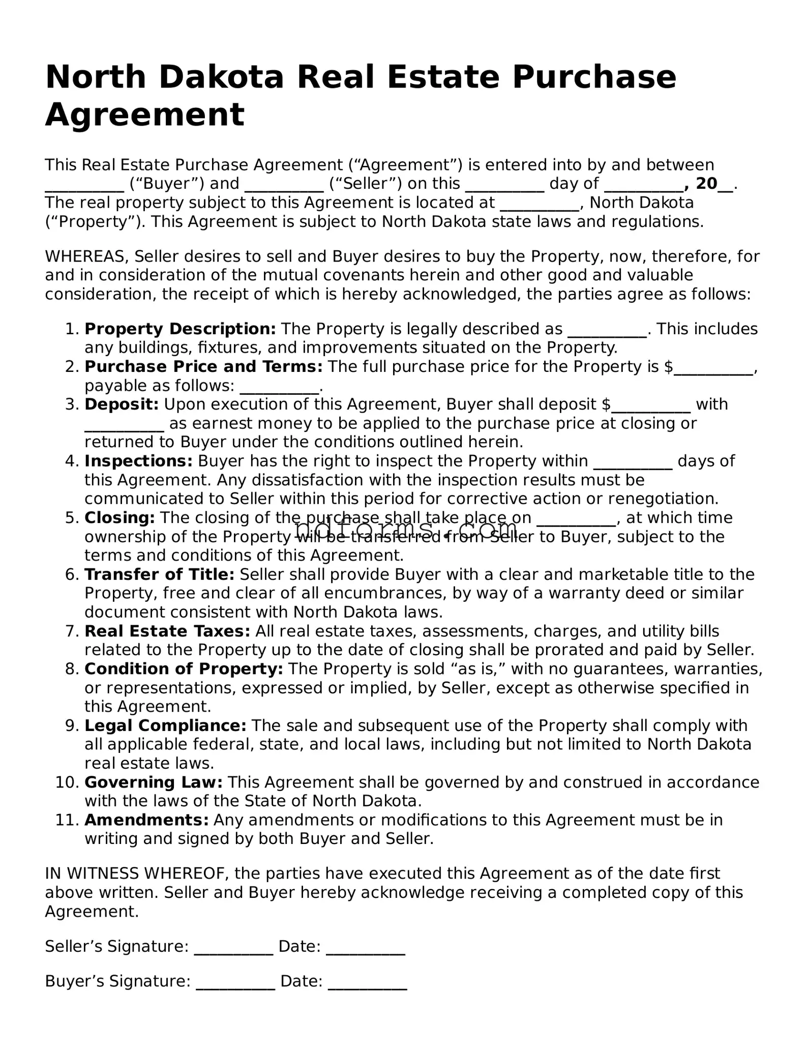 Fillable Real Estate Purchase Agreement Template for North Dakota State
