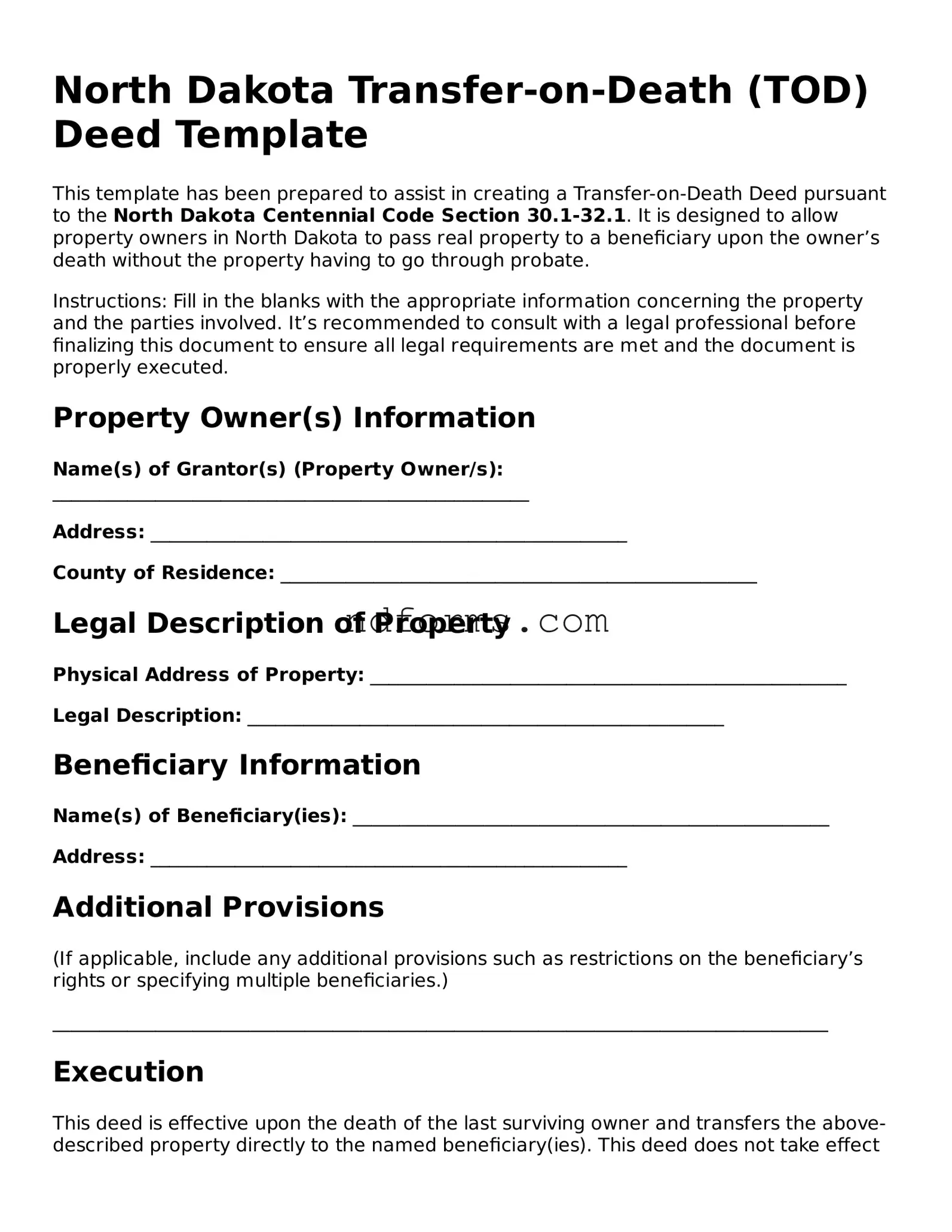 Fillable Transfer-on-Death Deed Template for North Dakota State