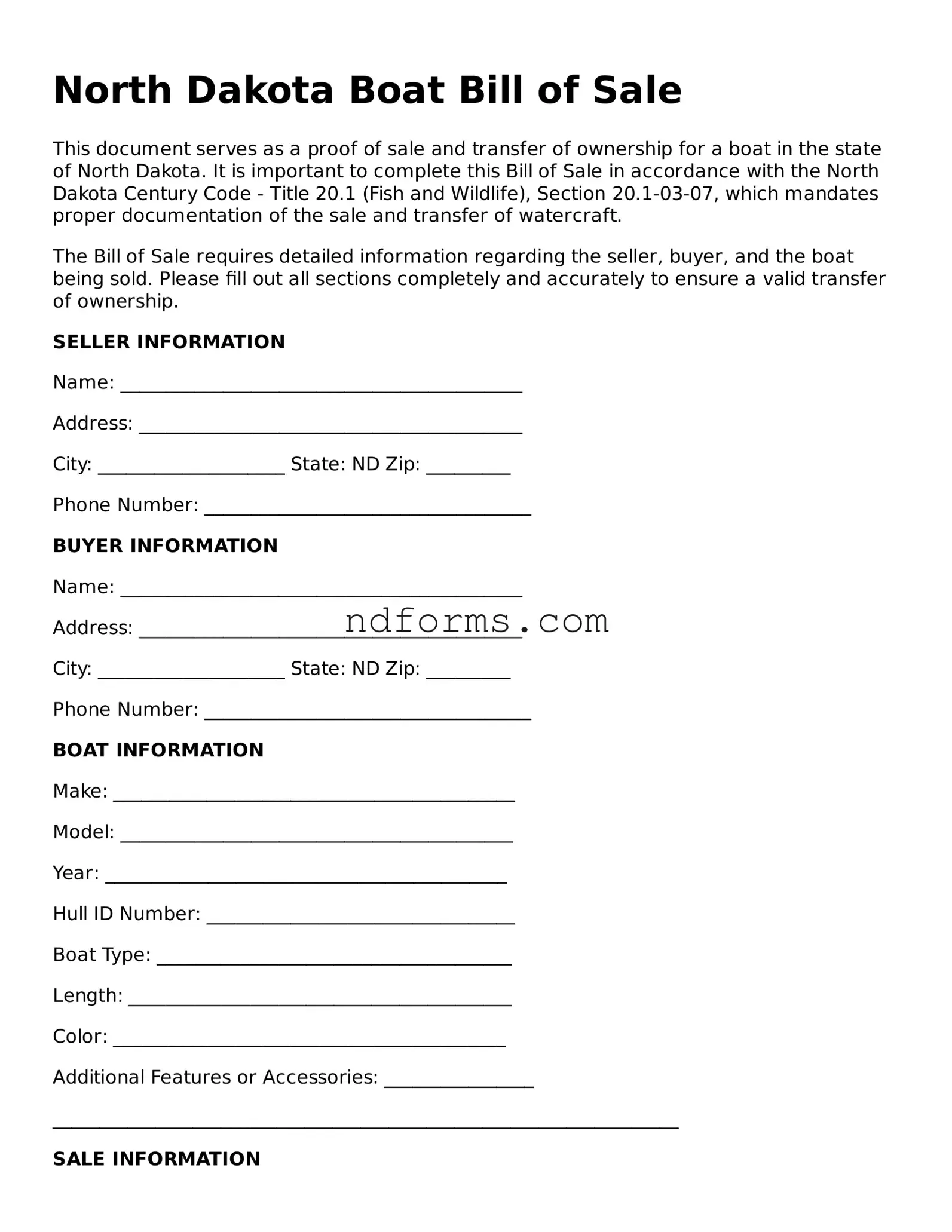 Fillable Boat Bill of Sale Template for North Dakota State