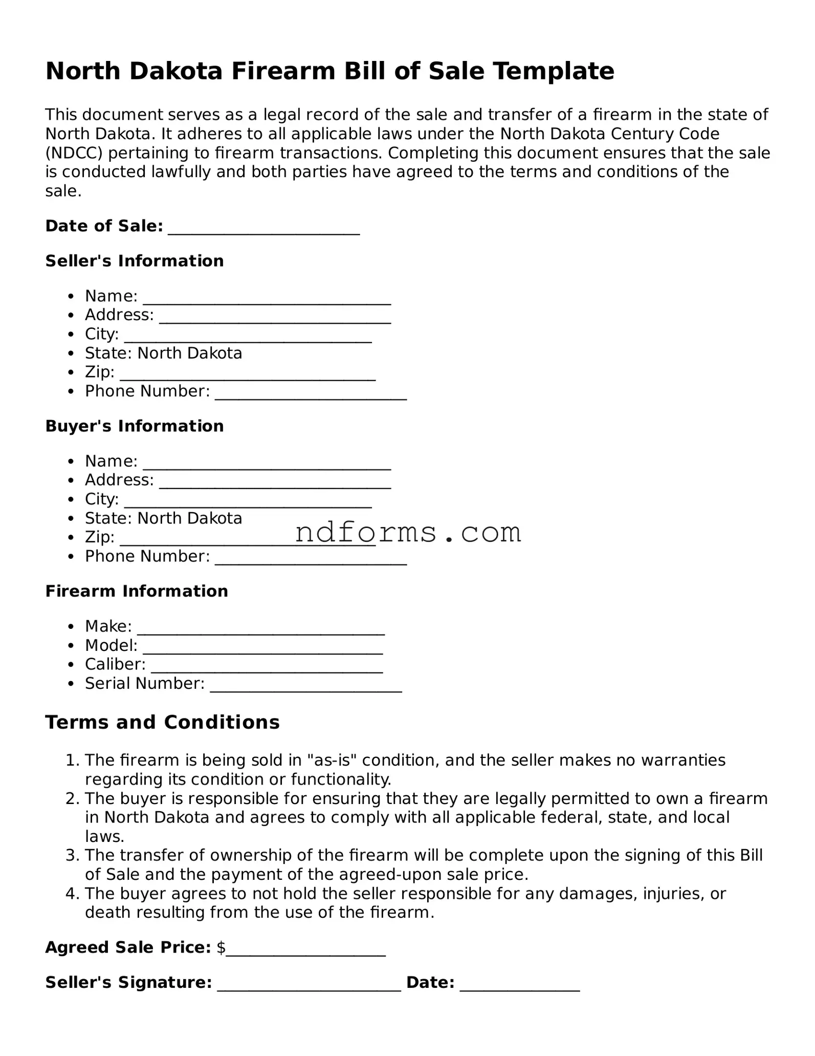 Fillable Firearm Bill of Sale Template for North Dakota State