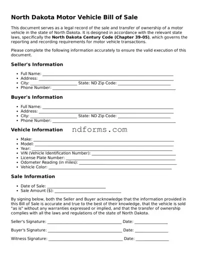 Fillable Motor Vehicle Bill of Sale Template for North Dakota State