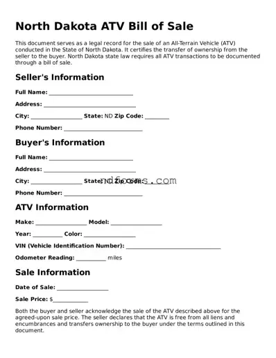 Fillable ATV Bill of Sale Template for North Dakota State