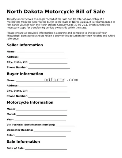 Fillable Motorcycle Bill of Sale Template for North Dakota State