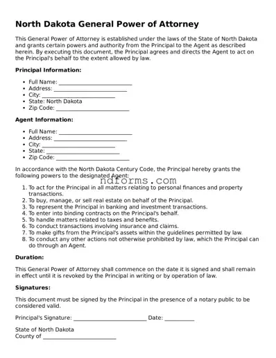 Fillable General Power of Attorney Template for North Dakota State