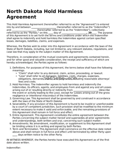 Fillable Hold Harmless Agreement Template for North Dakota State