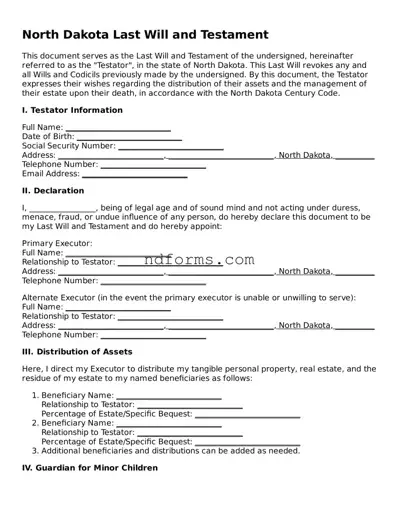Fillable Last Will and Testament Template for North Dakota State