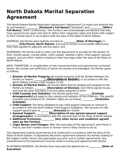 Fillable Marital Separation Agreement Template for North Dakota State