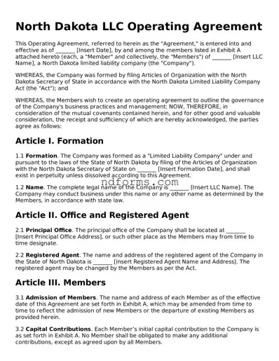Fillable Operating Agreement Template for North Dakota State