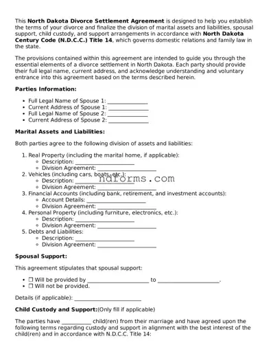 Fillable Divorce Settlement Agreement Template for North Dakota State