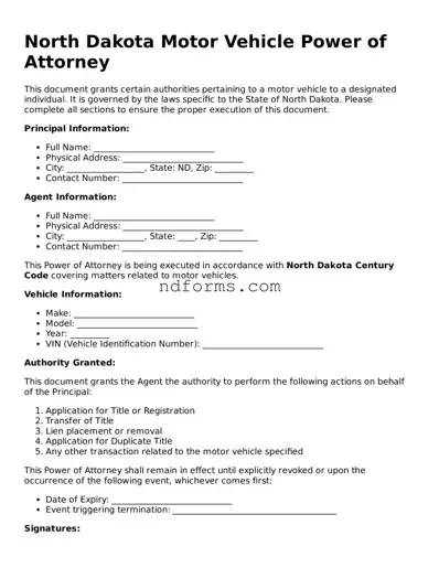 Fillable Motor Vehicle Power of Attorney Template for North Dakota State