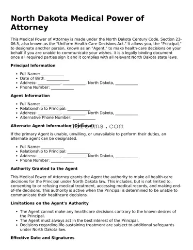 Fillable Medical Power of Attorney Template for North Dakota State
