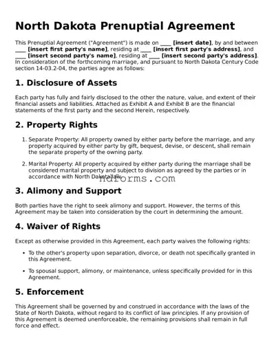 Fillable Prenuptial Agreement Template for North Dakota State