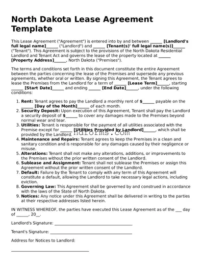 Fillable Lease Agreement Template for North Dakota State