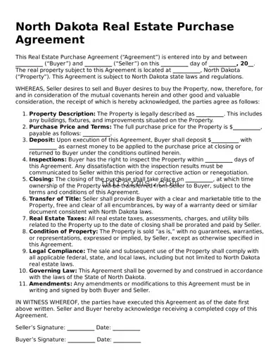 Fillable Real Estate Purchase Agreement Template for North Dakota State